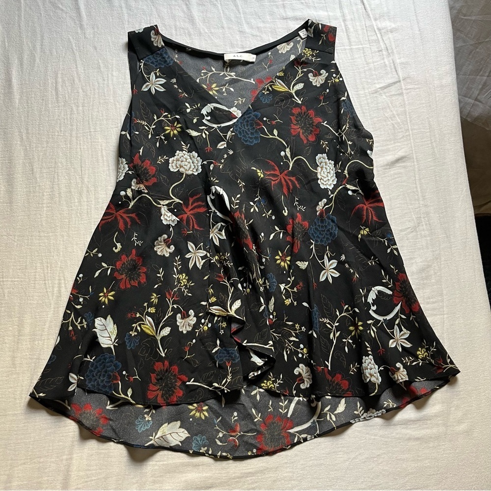 A.L.C. black floral print silk sleeveless tank‎ top